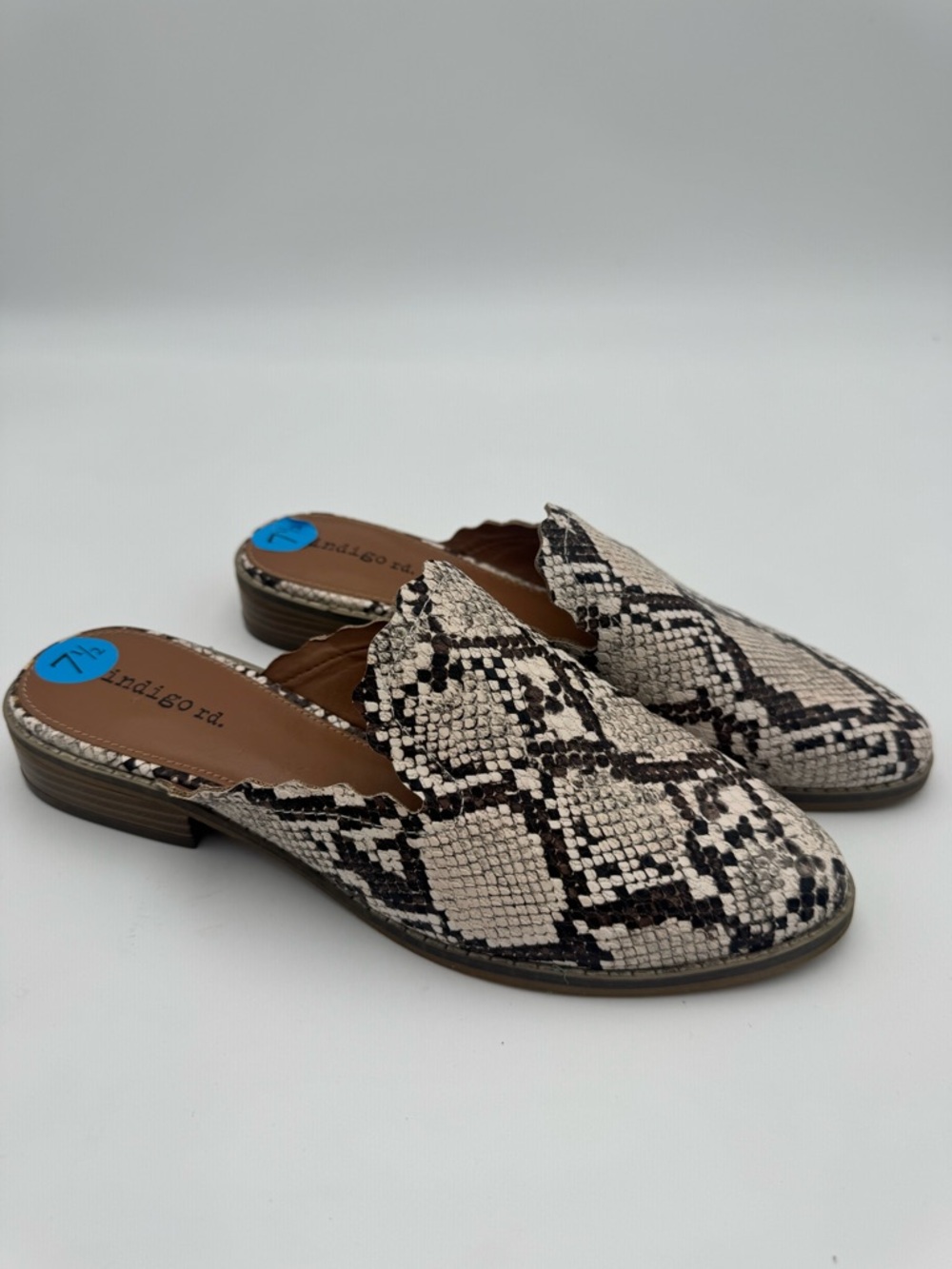 Indigo Snake-Print Backless Mules in Beige and Black